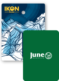 Collage of season passes, Ikon Pass creative in the back, and a June Mountain pass in front