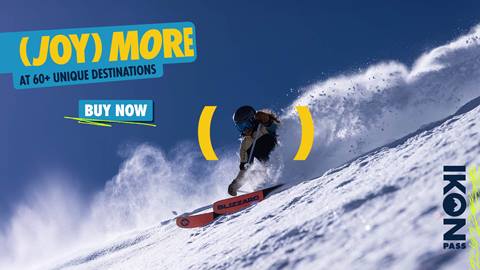 Skier riding through fresh powder. Copy reads: (Joy) More at 60+ Unique Destinations. Buy Now.
