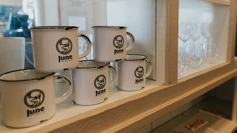 mugs inside of the June Mountain souvenir shop